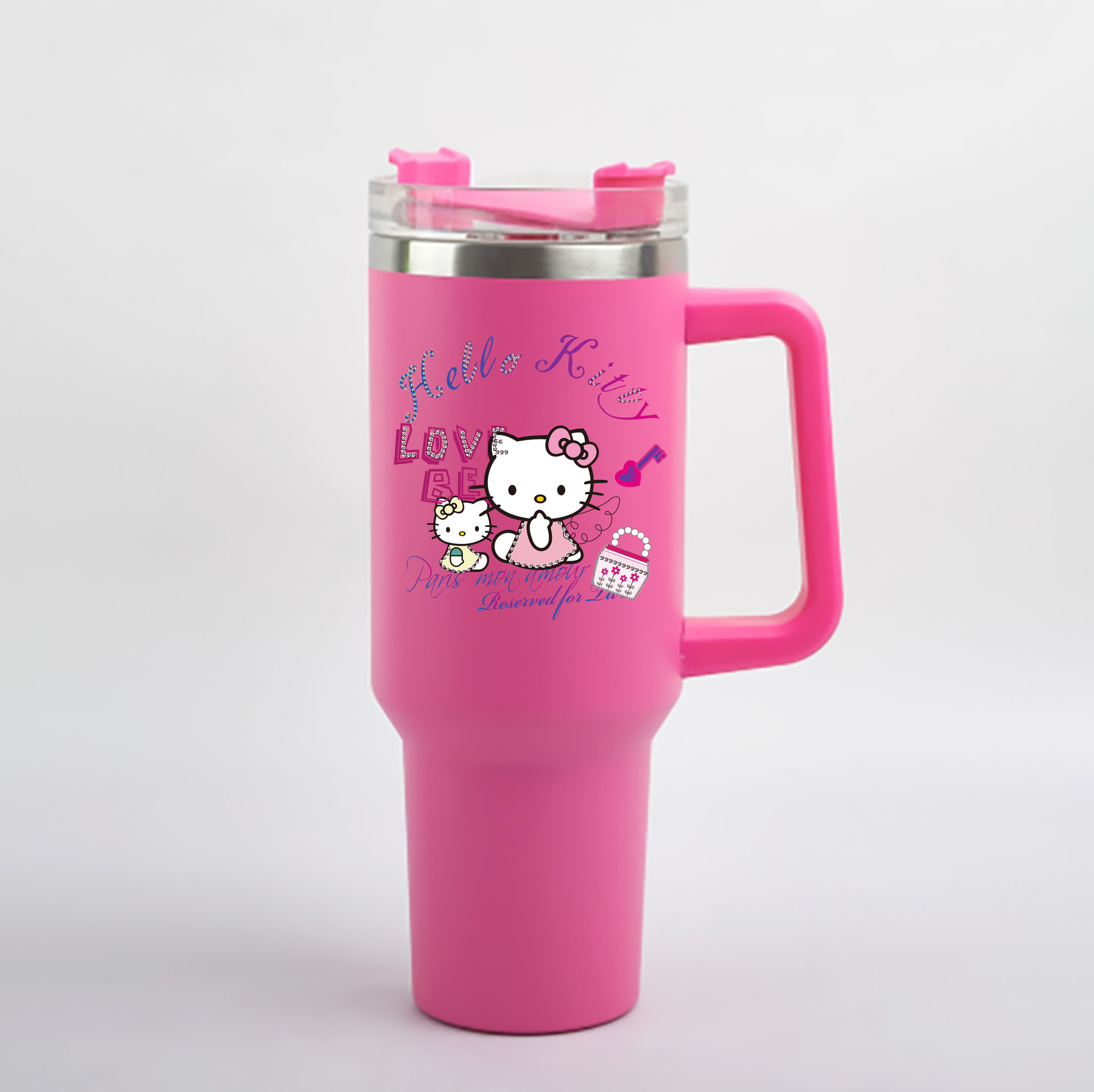 （画像用） Hello Kitty ハローキティ 1200mL車用タンブラー - クリスタルステッカー（プラスチックストロー付き）